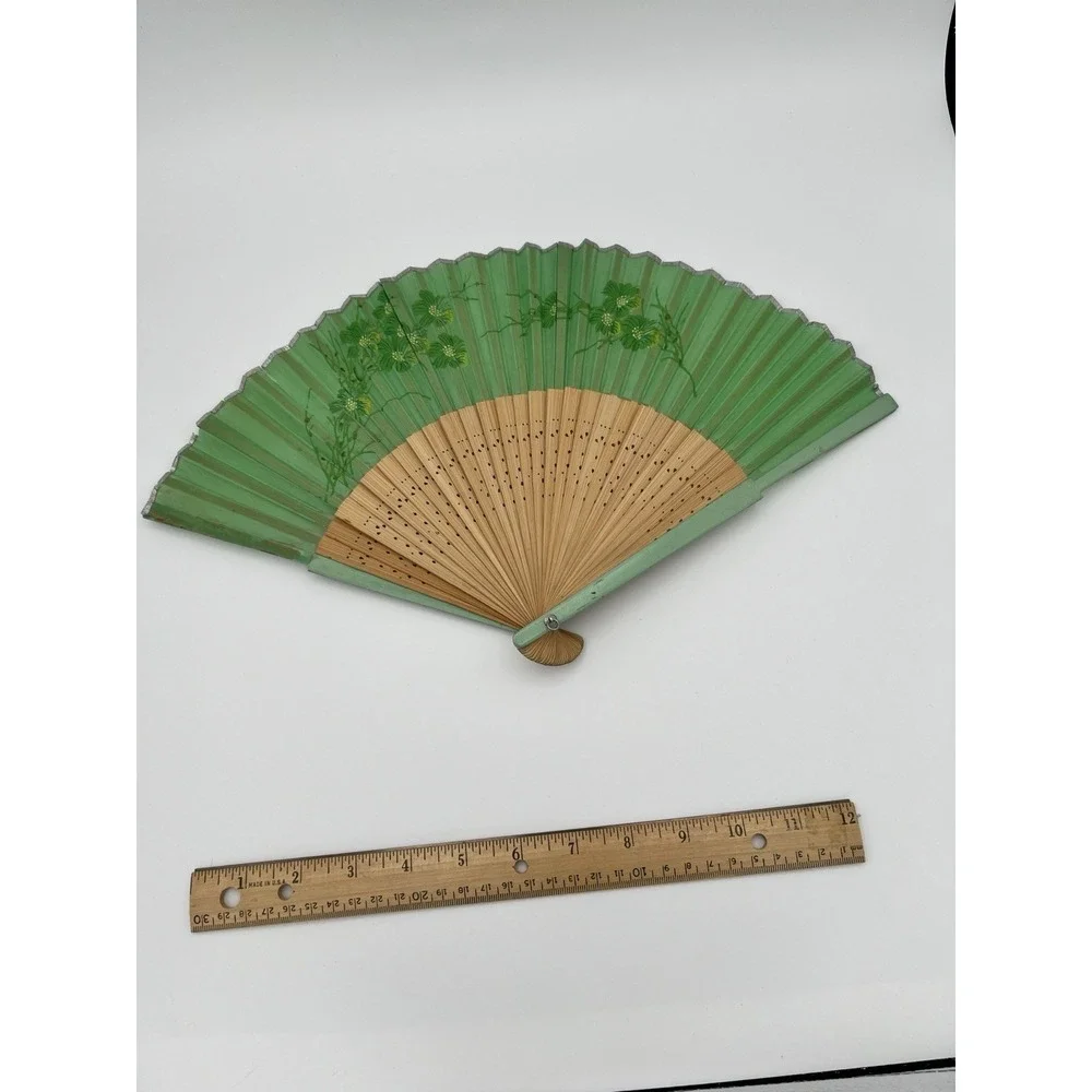 Vintage / Antique Paper & Wood Hand Floral Fan Green